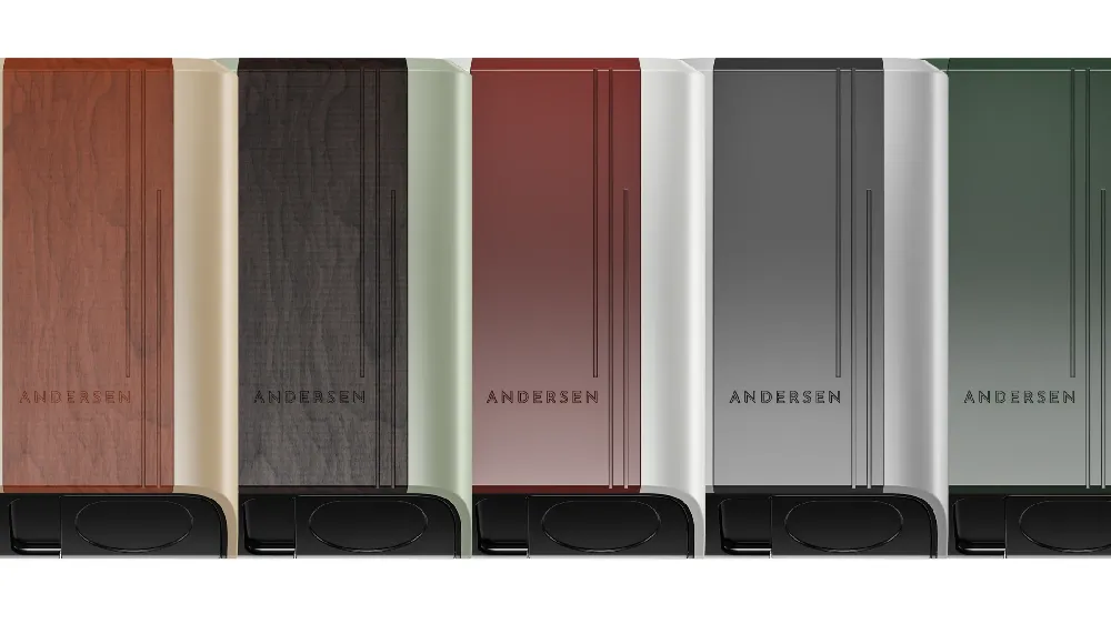 Line-up of Andersen Quartz EV chargers showcasing a variety of customisable finishes including wood, matte metal, and colour gradients.